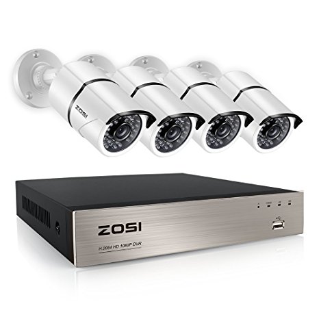 ZOSI 4CH FULL 1080P Video Security Camera System, 4 White Weatherproof 1920TVL 2.0MP Cameras,4 Channel 1080P HD-TVI DVR No Hard Disk (100ft Night Vision, Smartphone& PC Easy Remote Access)