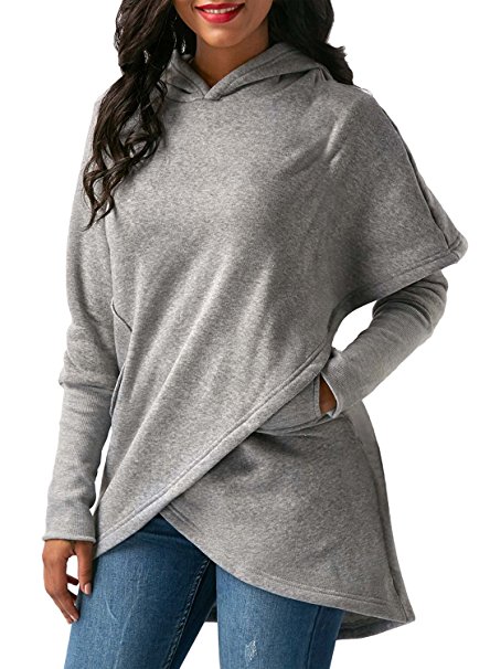 Asvivid Women's Long Sleeve Hooded Sweatshirt Wrap Asymmetric Hem Pullover Hoodies S-XXL