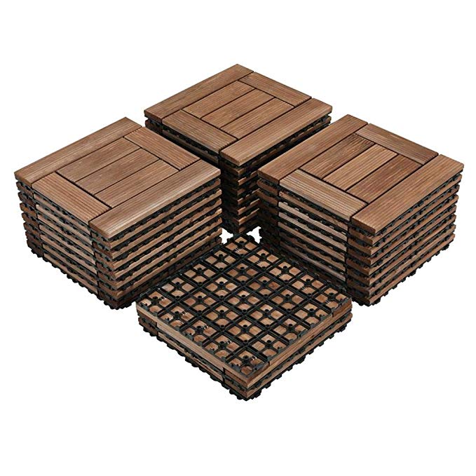 Yaheetech 27PCS Wood Flooring Decking Deck Tiles Interlocking Patio Pavers Tiles Solid Wood and Plastic Indoor Outdoor 12 x 12in Brown