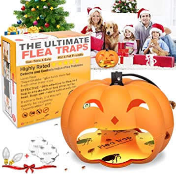 Protecker Flea Trap ,Sticky Dome Bed Bug Trap with 2 Glue Discs, Indoor Pest Control Trap Natural Insect Killer Pad,Halloween Pumpkin Shape Decorative Flea Trap for Fleas, Spiders, Safe for Kids/Pets