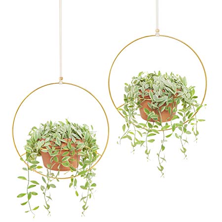 Mkono 2 Pcs Metal Round Hanging Planter Modern Plant Hangers Mid Century Flower Pot Holder Home Decor, Fits 6 Inch Pot, Gold (Pot NOT Included)