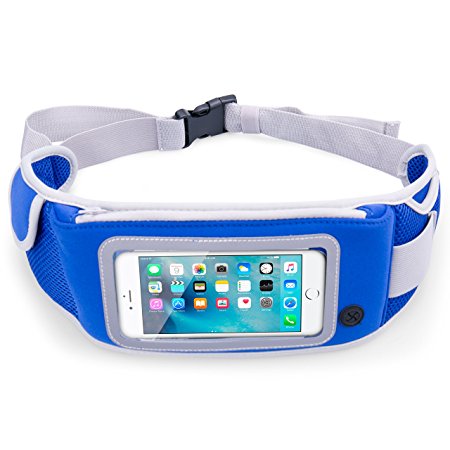Running Belt, Splaks Sweat-proof Water-Resistance Waist Pack Money Belt Fanny Pack Bum Bag Runners Pack for iPhone 7/SE/6/6s with Touch Responsive Transparent Windows and Additional Extender-Blue