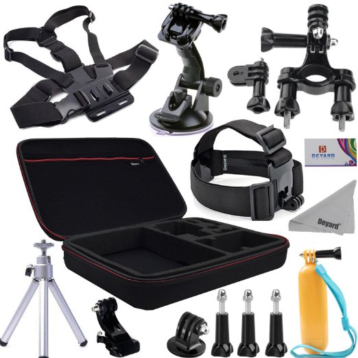 Deyard ZG-645 Premium GoPro Accessories Kit with Featured Case Mounts Bundle for GoPro Hero 4 3/3  Session: Head Strap  Chest harness w/ J-Hook Mount  Car Suction Cup w/ Adapter  Bike Mount  Case XL  Aluminum Tripod  Deyard Float Grip  Cleaning cloth
