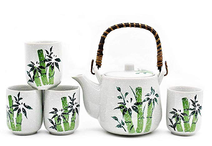 Mose China ~ Deluxe Green Bamboo and Snow Japanese Ceramic Tetsubin Teapot & Teacups, Tea Set ~ Stainless Steel Infuser & Rattan Handle Included With Gift Box