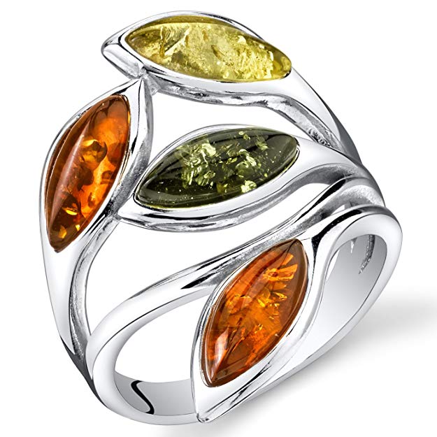 Baltic Amber Leaf Ring Sterling Silver Cherry Olive Honey Cognac Colors Sizes 5-9