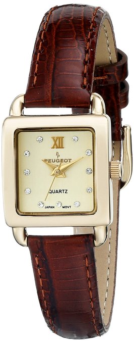 Peugeot Womens 14K Gold Plated Small Square Skinny Brown Glossy Leather Dress Watch 3034BR