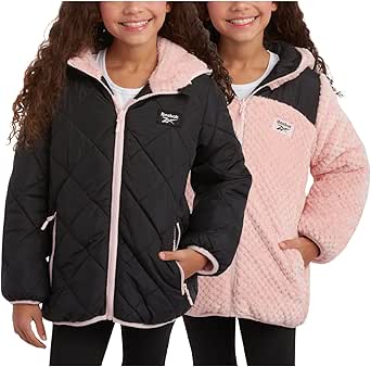 Reebok Girls' Reversible Puffer Jacket - Quilted Winter Coat with Snow Fleece Lining - Warm Hooded Jacket for Girls (7-16)