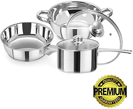 iLife Deluxe Stainless Steel Gas Compatible Induction Base Casserole 5 Piece Cookware Set includes Pots and Pans Chrome with Glass Lid Covers.