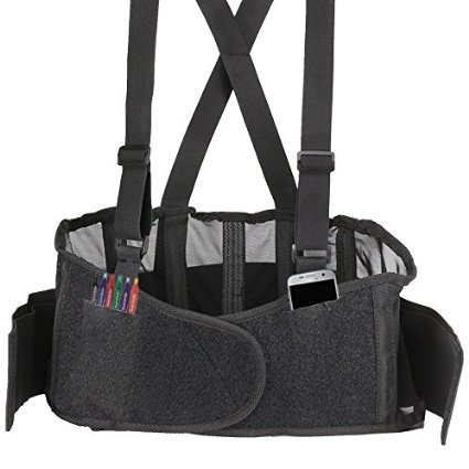 Back Brace Lumbar Support - Back Pain Relief Belt With Quick Fastening Velcro, Adjustable Suspenders And Easy Accessible Pockets On Both Sides For Securing Your Phone And Ipod.