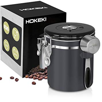 Airtight Coffee Canister, HOKEKI Stainless Steel Container for the Kitchen, Coffee Ground Vault Jar With One Way Co2 Valve And Scoop, Tea Coffee Sugar, Extra Coffee Spoon, 16 oz (Gray)