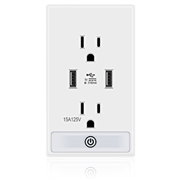 Dual High Speed USB Wall Outlet 3.1 Amp HURRISE Recessed Charger Plug Plate Receptacle AC 15 A with Touch Control LED Night Light (1 Pack)