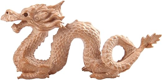 DMtse Feng Shui Carved Natural Wood Dragon Statue Sculpture Animal Figurine Brings Good Lucky for Success Mascot 4 inch Long Gift