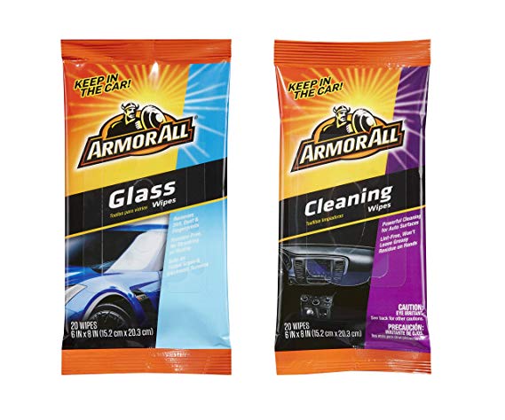 Armor All Cleaning Wipes Flat Pack, 20-Count bundle with Armor All Glass Wipes Flat Packs, 20-Count, Car Cleaning