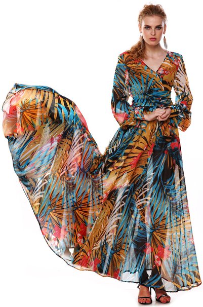 Women Summer Tropical Flower Printed Chiffon Long Sleeve Beach Dress