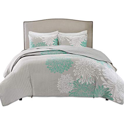 Comfort Spaces – Enya Quilt Mini Set - 3 Piece – Aqua and Grey – Floral Printed Pattern – Full/Queen Size, Includes 1 Quilt, 2 Shams