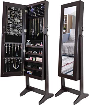 Greenco Free Standing Jewelry Organizer Armoire with Large Mirror and Led Lights, Lockable Espresso