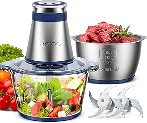 KOIOS Food Processor, 500W Electric Food Chopper with 2 Bowls (8 Cup 8 Cup) & 2 Bi-Level Blades&, Small Electric Grinder Meat Processor for Nuts, Meat, Onion, Garlic, Baby Food, Blue