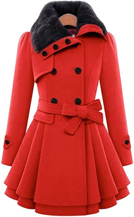 Womens Vintage Coat Double Buckle Slim Trench Coats Lady Collar Winter Coat Outwear Plus Size High-end (Color : Red, Size : XL.)