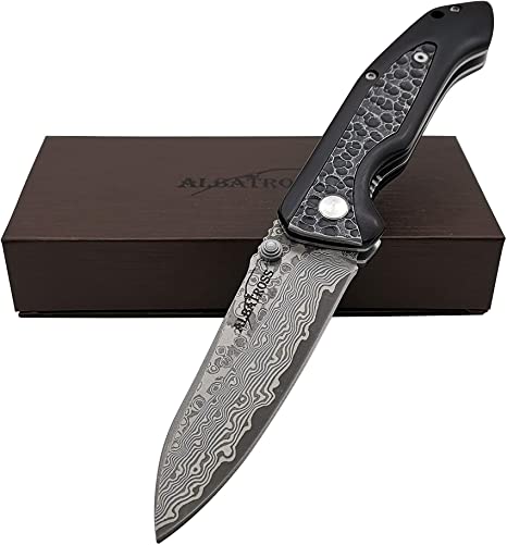 ALBATROSS Black Cool EDC Damascus Steel Folding Pocket Knife with Ebony Wood Handle for Camping Hiking Ideal Gifts Collections