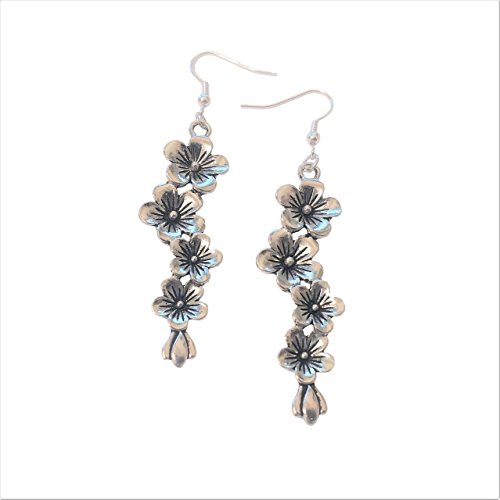 Plum and Cherry Blossom Flower Silver tone Earrings Jewelry Lightweight Fishhook Dangle Women's Earring Set