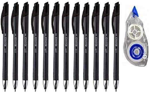 Staples Sonix Gel-Ink Black Pens, Medium Point, Retractable 1 Doz, Correction Tape 1 pc - VALUE PACK OFFICE SUPPLIES -