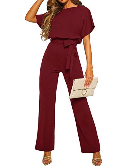 ALAIX Women's Casual Short Sleeve Jumpsuit Loose Wide Leg Long Pants Rompers with Waistband