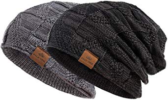 PAGE ONE Mens Winter Slouchy Beanie Warm Fleece Lined Skull Cap Baggy Cable Knit Hat