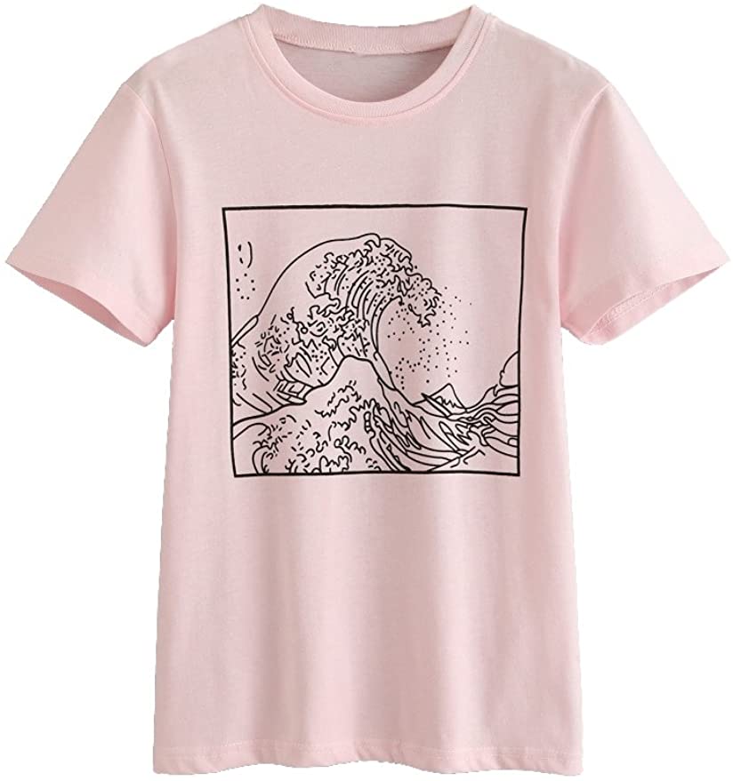 Romwe Women's Short Sleeve Top Casual The Great Wave Off Kanagawa Graphic Print Tee Shirt