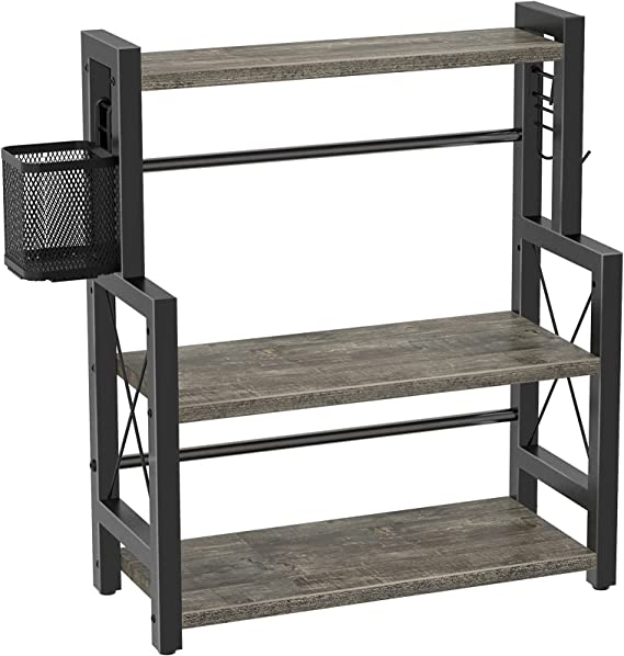 Rolanstar Spice Rack Organizer with Wire Basket, 3-Tier Kitchen Shelf Organizer Rack 16.9", Wooden Spice Organizer with 2 Hooks, Countertop Bathroom Storage Shelf, Seasoning Rack Grey