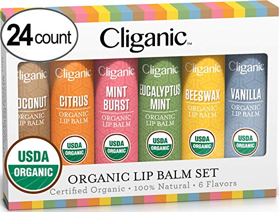 Cliganic USDA Organic Lip Balm Set (4 Packs of 6 Tubes), 100% Natural Lip Butter Chapstick for Cracked & Dry Lips