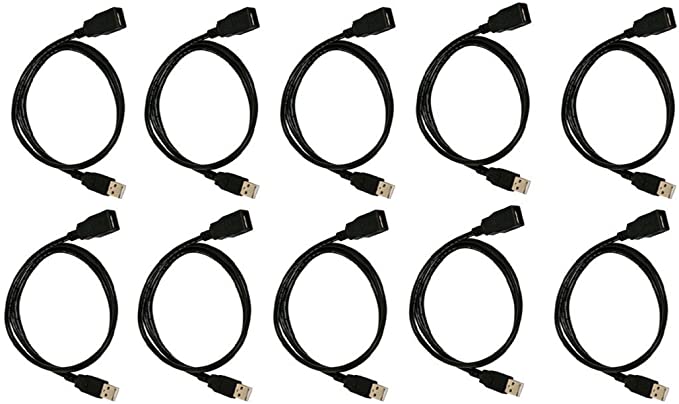 10 Pack USB 2.0 A Male to A Female Extension 28/24 AWG Cable, Gold Plated, 6 Feet, CNE611914