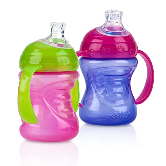 Nuby 2 Count 2 Handle Cup with No Spill Super Spout, Purple/Pink