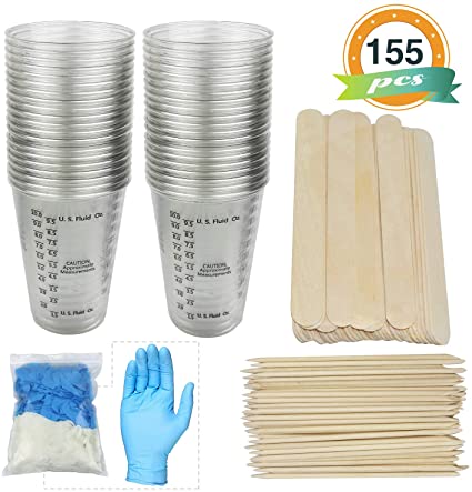 LET'S RESIN Resin Mixing Cups 10oz Epoxy Mixing Cups -50 Plastic Disposable Measruing Cups with 50 Stir Sticks, 50 Orange Wood Sticks, 10 Pairs Nitrile Gloves