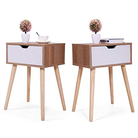 JAXPETY Set of 2 Bedside Table Solid Wood Legs Nightstand with White Storage Drawer (Brown)