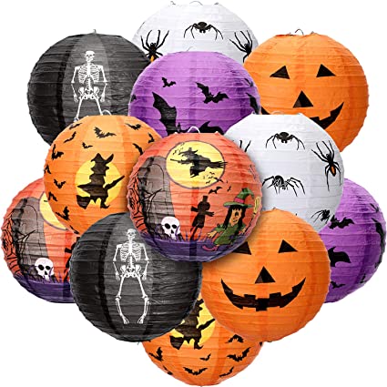 12 Pieces Halloween Paper Lanterns Halloween Hanging Lanterns Decorative Pumpkin Lantern Spider Bat Skeleton Lantern for Halloween Party Decor, 8 Inches