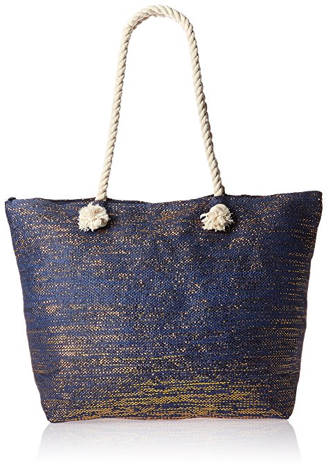 Metallic Fashion Beach Bag Tote with Zipper Top, Rope Handles, and Matching Pouch