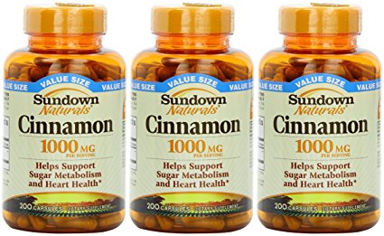 Sundown Naturals Cinnamon 1000 Mg, Value Size, 600 Capsules (3 X 200 Count Bottles)