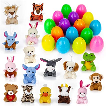 YIHONG 16 Toys Filled Surprise Easter Eggs, 3 Inch Colorful Prefilled Plastic Easter Eggs with 16 Pcs Mini Animal Plush for Kids Easter Hunt, Basket Stuffers Fillers and Party Favor