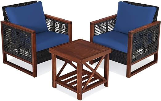 COSTWAY 3 Pieces Wicker Patio Furniture Set, Outdoor Wicker Sofa with Acacia Wood Frame, Coffee Table & Washable Cushions, Rattan Conversation Sets for Yard, Porch Bistro Balcony, Backyard, Navy Blue