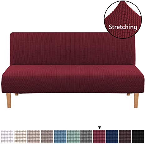 Armless Futon Cover Stretch Sofa Bed Slipcover Protector Elastic Feature Rich Textured Lycra High Spandex Small Checks Jacquard Fabric Sofa Shield Futon Cover, Machine Washable, Burgundy Red