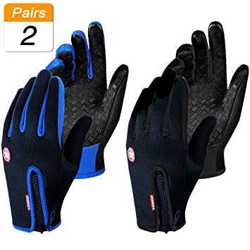 Uoobeetryy 2 Pack Winter Windproof Cycling Gloves Men Women, Full Finger Touch Screen Waterproof Gloves Cold Weather Outdoor Sports Running Skiing (Black & Blue)