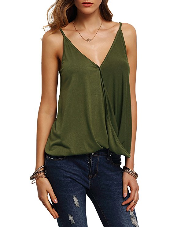 ROMWE Women's V Neck Strappy Loose T-shirt Tank Top Vest Blouses