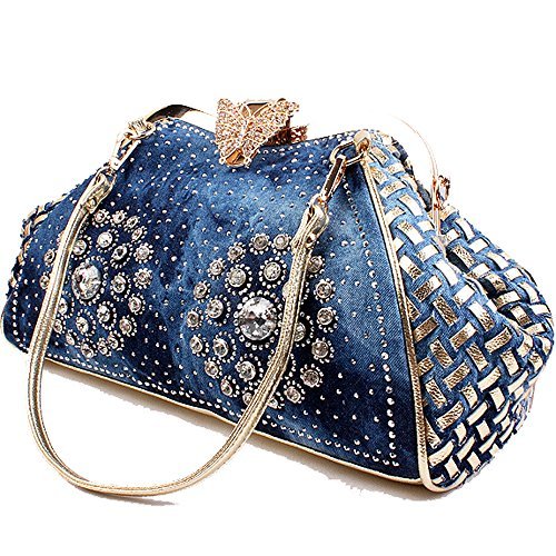 COOFIT Women's Denim Blue Knitted Top Handle Handbags with Shiny Rhinestone