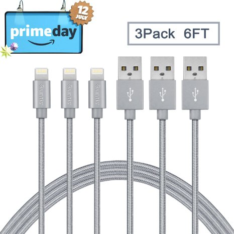 Quntis Tangle-Free 6-Feet Braided Lightning to USB Cable Charging Cord for iPad, iPod and iPhone, 3-Pack, Grey