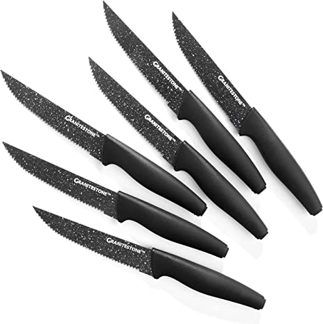 Granitestone Steak Knife Set of 6-Serrated Steak Knives-Dishwasher Safe Steak Knives-Stainless Steel Steak Knives Set-Dinner Knives, Black