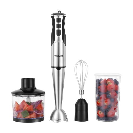 VonShef 3 in 1 Hand Blender Chopper and Whisk Set with 3 Speeds - Stainless Steel
