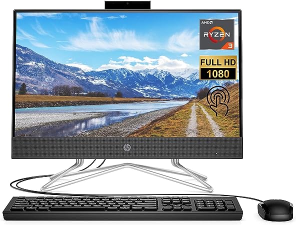 HP All-in-One Desktop, 22" FHD Touchscreen, AMD Ryzen 3 3250U Processor, 12GB RAM, 256GB SSD, Webcam, HDMI, RJ45, DVD-RW, Wi-Fi, Wired Keyboard & Mouse, Windows 11 Home, Black