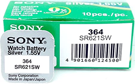 Sony 364 (SR621SW) 1.55V Silver Oxide 0%Hg Watch Battery (10 Batteries)