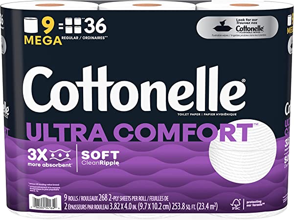 Cottonelle Ultra Comfort Toilet Paper, Strong Toilet Tissue, 9 Mega Rolls (9 Mega Rolls = 36 Regular Rolls), 268 Sheets per Roll