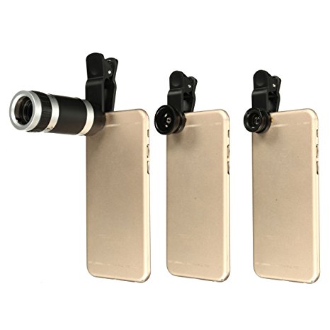 M.Way Universal 4 in 1 Clip-on Cell Phone Lens kit Fisheye   Wide Angle   8X Telescope   Universal clip Optical Zoom Lens Micro Mobile Phone Lens Telescope Camera for iPhone